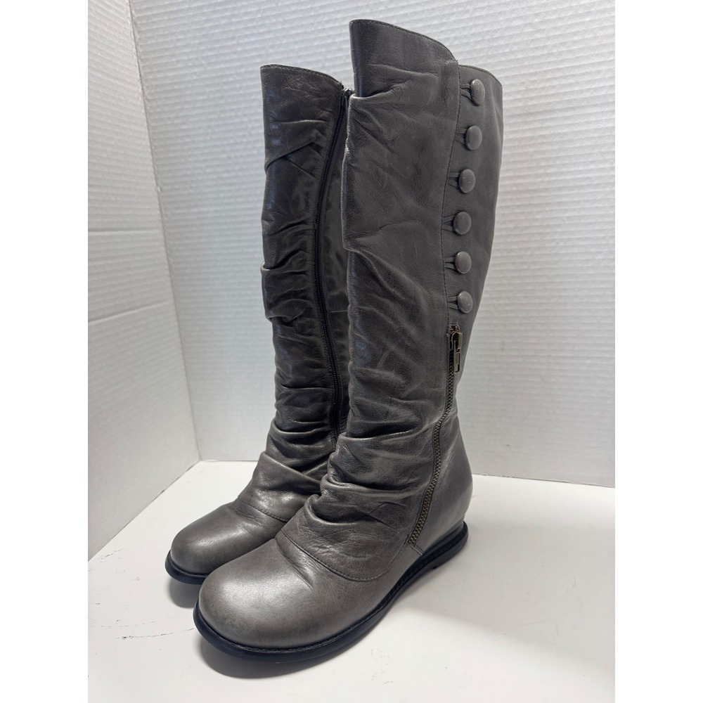 Miz Mooz Brenda Grey Leather Ruched Button Tall Boots Size 6 M